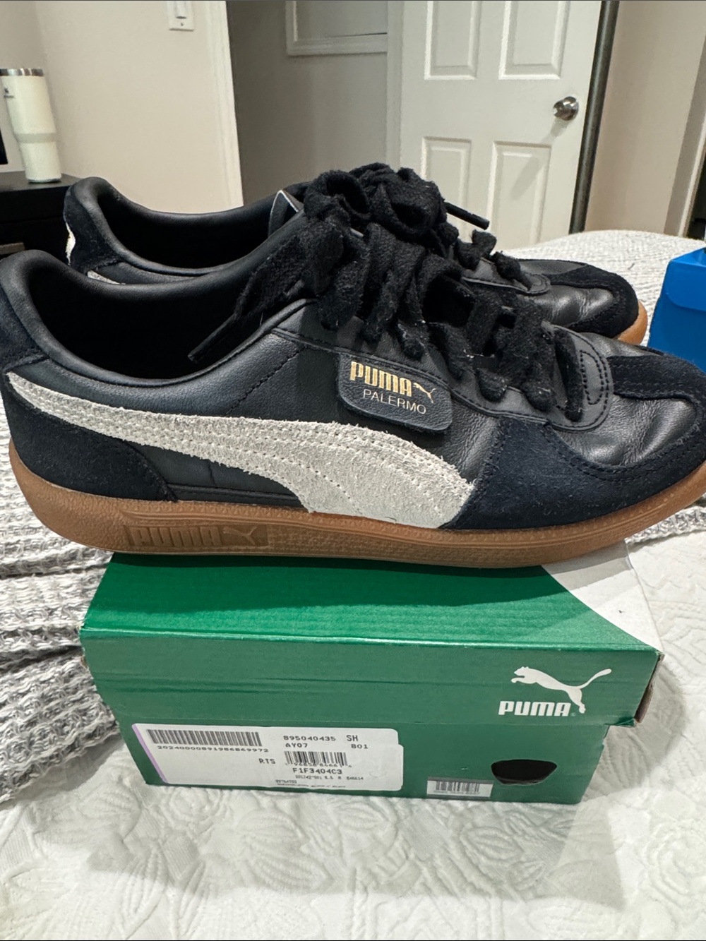 Puma Palermo Black Sneakers with White Suede Stripe and Gum Sole